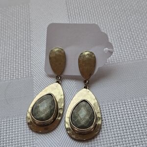 Hammered Brass Drop Earrings With Grey Stones